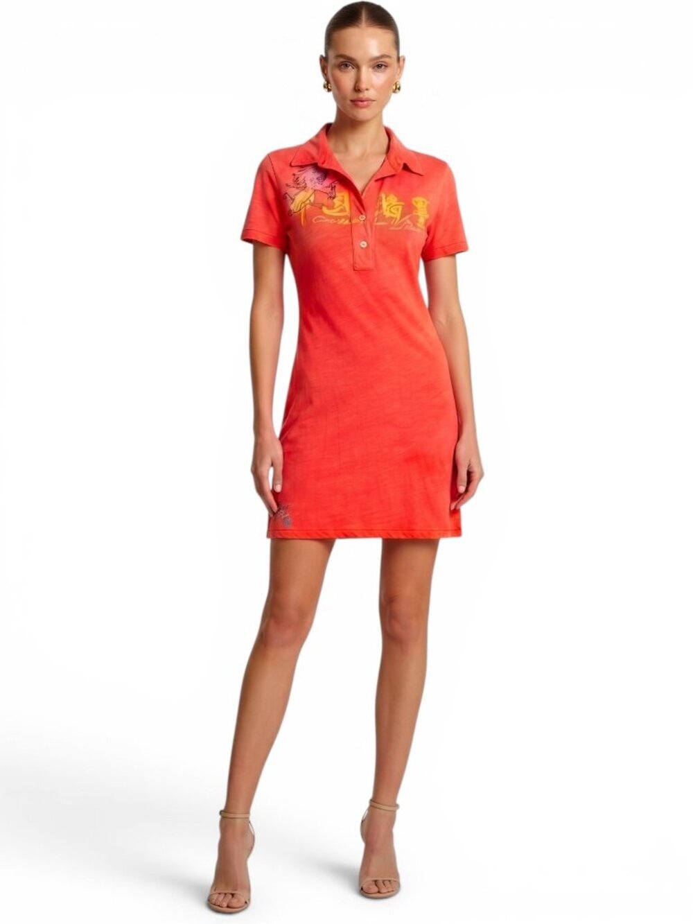 The Great China Wall Ink Orange Red Angel Can Logo Polo Shirt Dress NWT New M